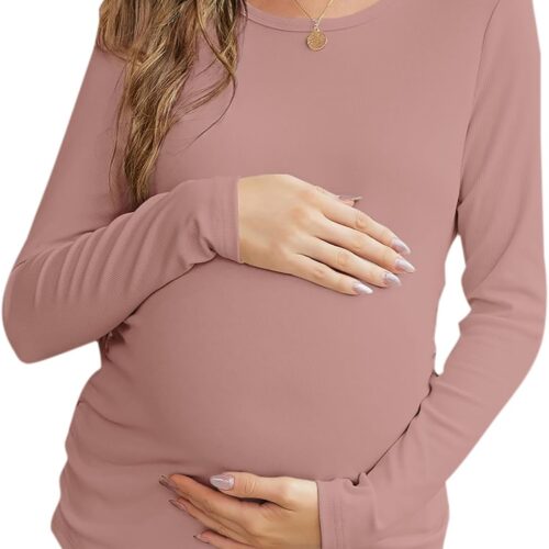 Maternity Ribbed Crewneck Side Ruched Long Sleeve Top