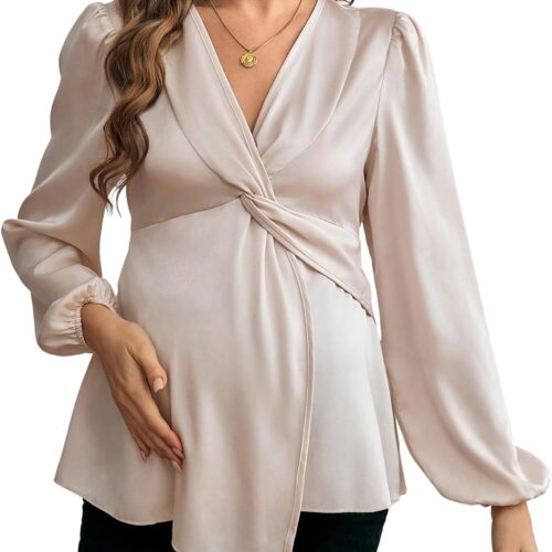 Maternity Long Sleeve Wrap Ruffle Hem Blouse