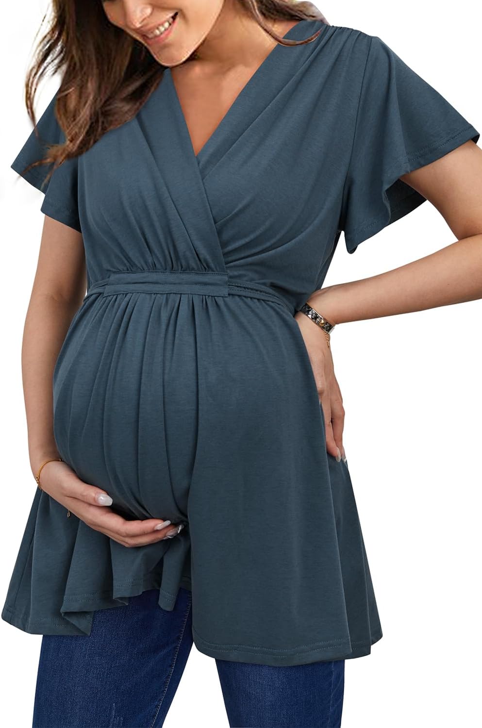 Maternity Wrap V-Neck Pleated Tie Back Top