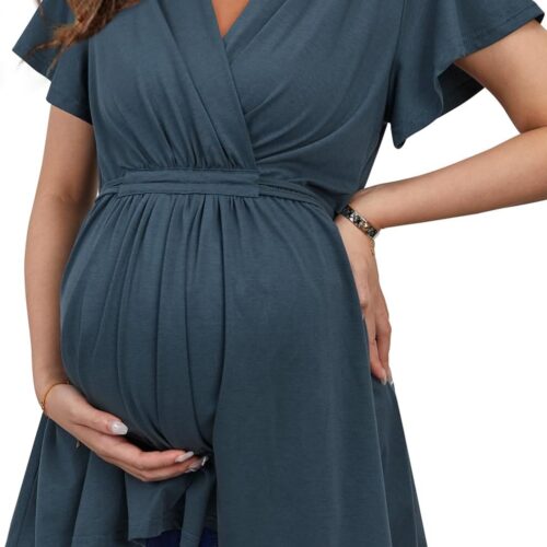 Maternity Wrap V-Neck Pleated Tie Back Top