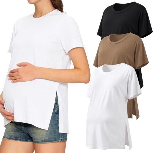 Maternity Crew Neck Side Split Short Sleeve Top