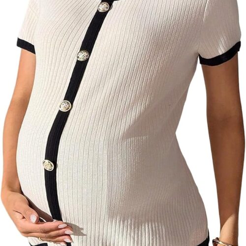 Maternity Ribbed Crew Neck Contrast Binding Top