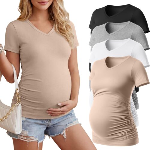 Maternity Side Ruched V-Neck Short Sleeve Top
