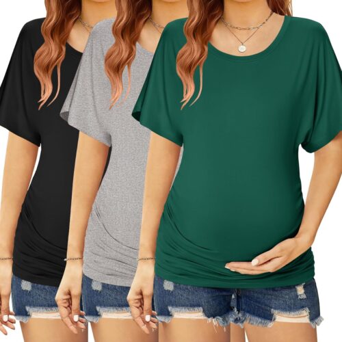Maternity Dolman Sleeve Boat Neck Side Ruched Top
