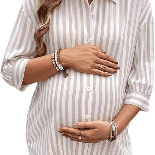Maternity Striped 3/4 Sleeve Button Down Blouse