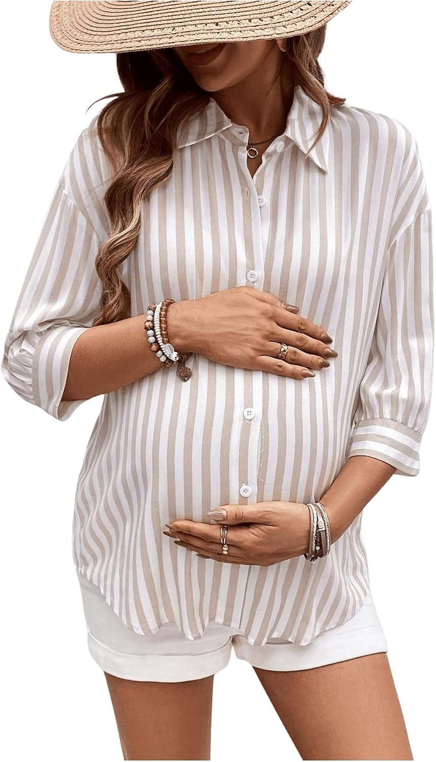 Maternity Striped 3/4 Sleeve Button Down Blouse