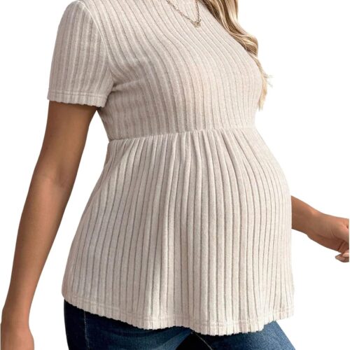 Maternity Rib-Knit Ruffle Hem Short Sleeve Top