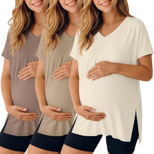 Maternity V-Neck Side Split Short Sleeve Top