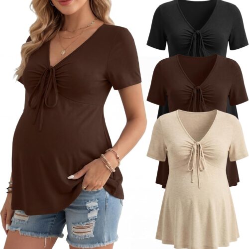 Maternity Babydoll Drawstring V-Neck Short Sleeve Top
