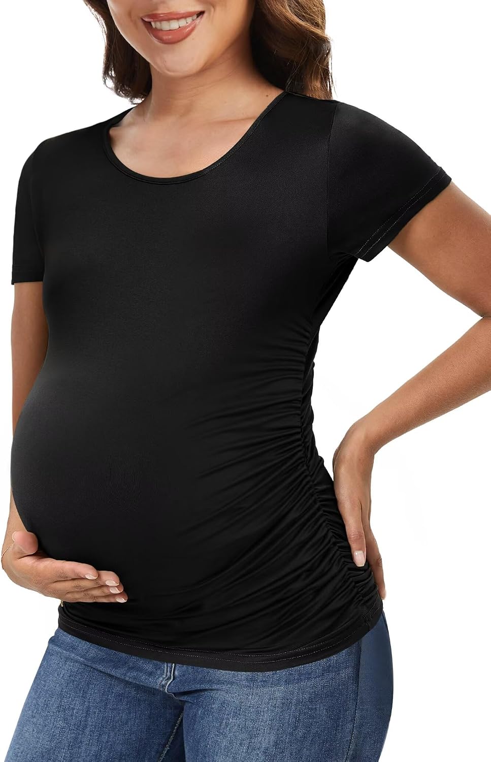 Maternity Side Ruched Crew Neck Short Sleeve Top
