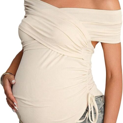 Maternity Off-Shoulder Lettuce Trim Drawstring Top