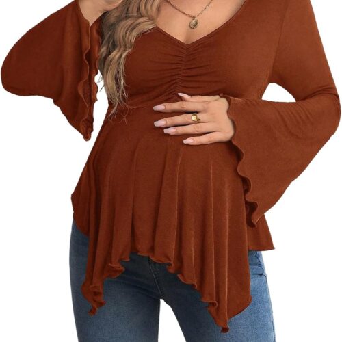 Maternity Flare Sleeve Asymmetrical V-Neck Top