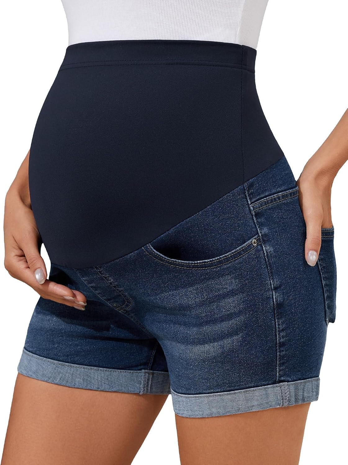 Maternity High-Rise Denim Shorts with Rolled Hem