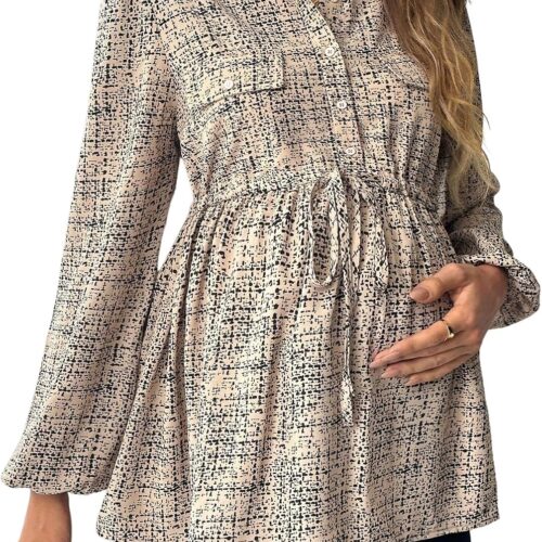 Maternity Bishop Sleeve Belted Button Front Blouse