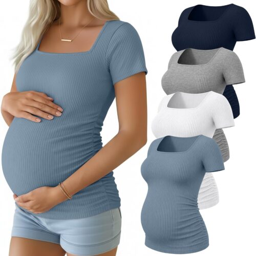 Maternity Ribbed Square Neck Short Sleeve Top
