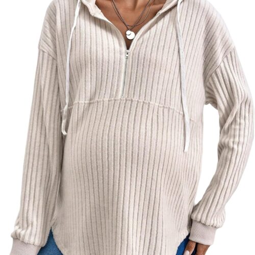 Maternity Rib-Knit Hooded Long Sleeve Zip Top