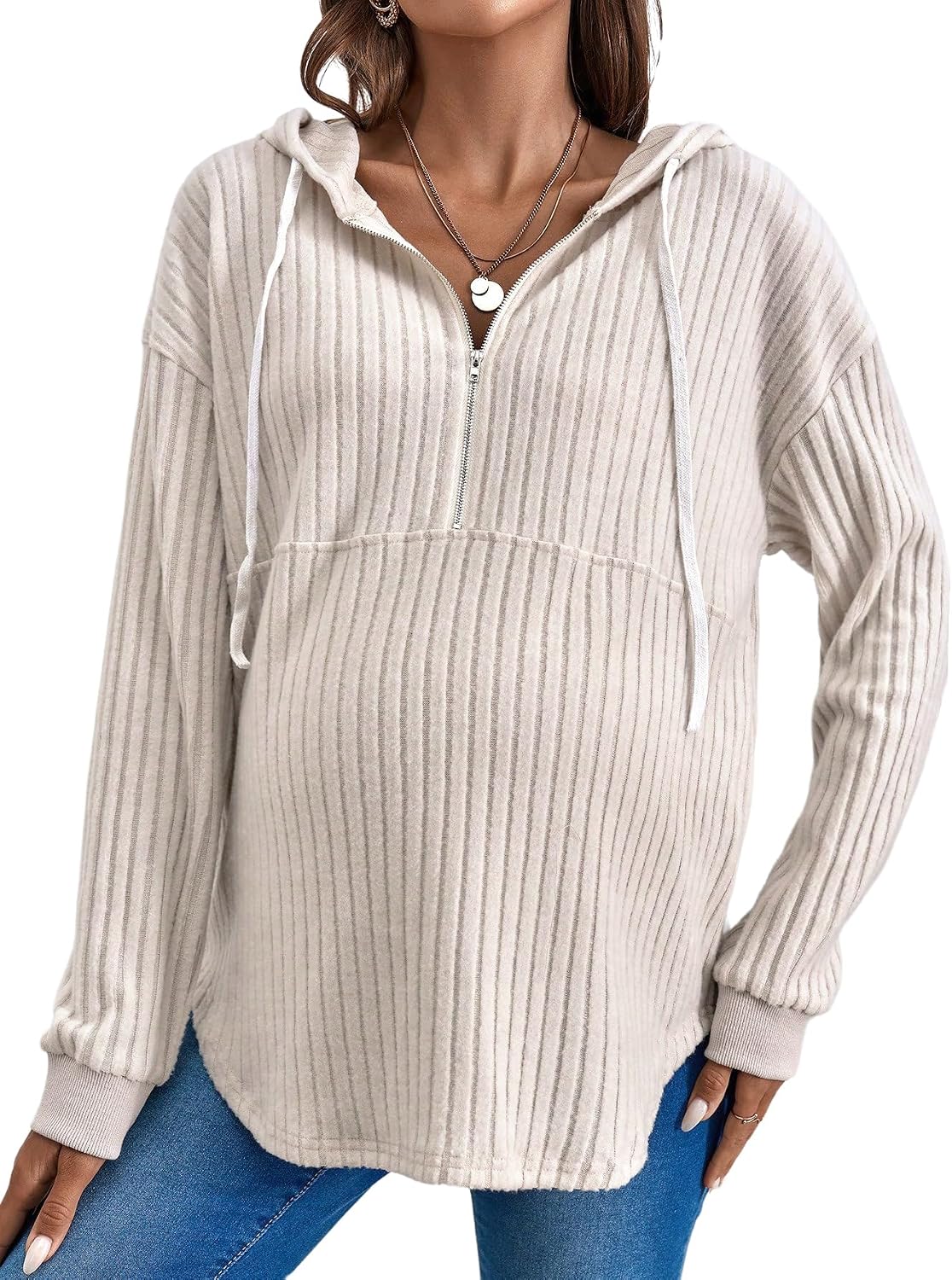 Maternity Rib-Knit Hooded Long Sleeve Zip Top