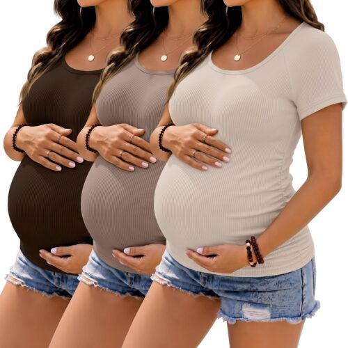 Maternity U-Neck Ribbed Ruched Top