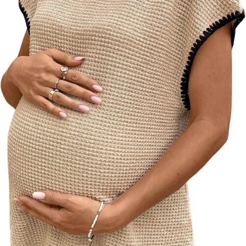 Maternity Round Neck Contrast Binding Short Sleeve Top
