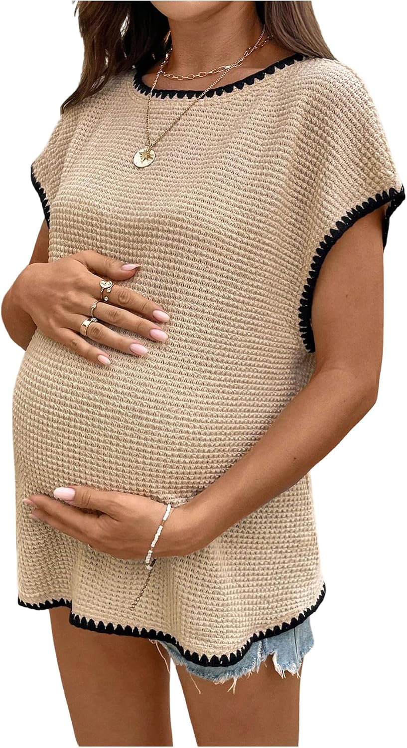 Maternity Round Neck Contrast Binding Short Sleeve Top