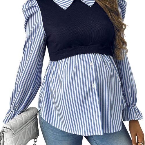 Maternity Striped Puff Sleeve Button Down Blouse
