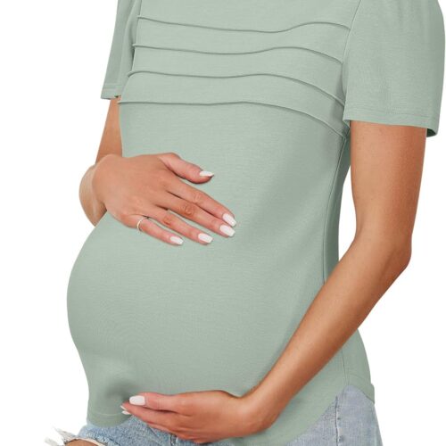 Maternity Pleated Short Sleeve Crew Neck Top